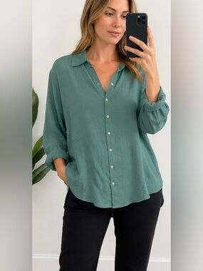 Teal Button-Front Lightweight Blouse